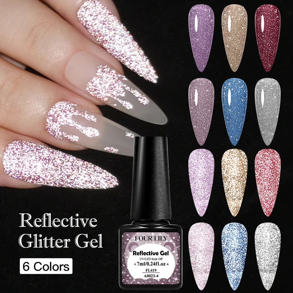 Esmalte Gel Reflectivo Glitter FOUR LILY 7ml | Champagne Oro Plata | UV/LED ✨ - Firu Total Sales
