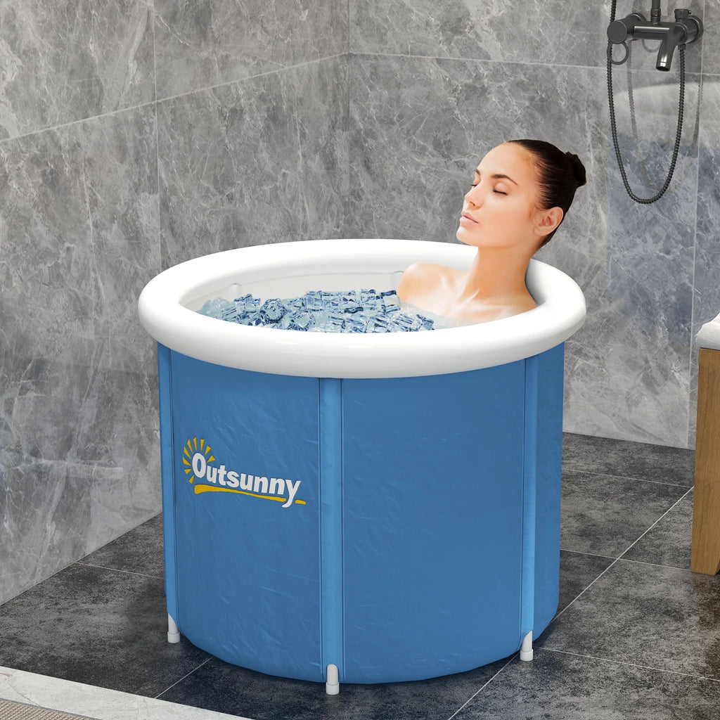 Inflatable Ice Bath Tub 100 Gallon Cold Plunge Pool for Athletes Recovery with Thermal Cover Hand Pump Carry Bag Blue and Black