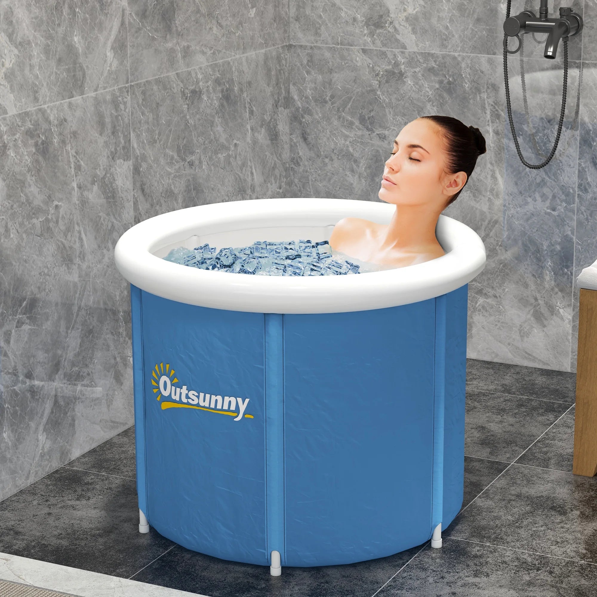 Inflatable Ice Bath Tub 100 Gallon Cold Plunge Pool for Athletes Recovery with Thermal Cover Hand Pump Carry Bag Blue and Black