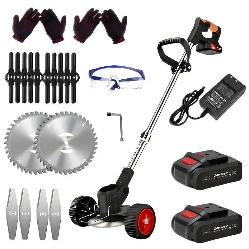 Cordless Lawn Trimmer Weed Wacker Lawn Mower Grass Edger with 2 Li-Ion Batteries Powered & 3 Cutting Blade Types