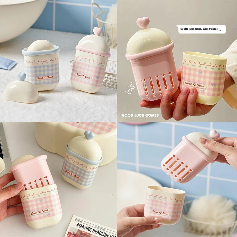 {MX} Sweet Cute Double Layer Soap Dish With Lid Portable Soap Draining Holder Cotton Swabs Storage Box Bathroom Organizer