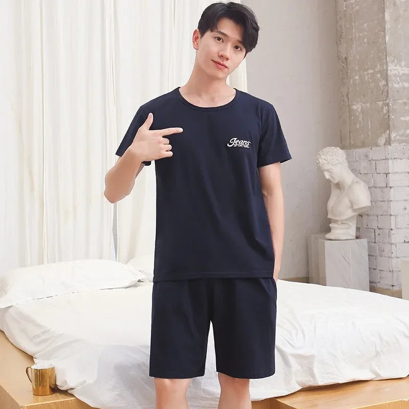 Cotton Men's Pajama Top and Pants Loungewear Athletic Casual Loose Nightwear Set Striped Sleepwear Homewear Two Piece Big Size