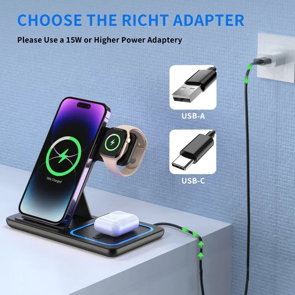30W Foldable 3-in-1 Wireless Charging Dock | iPhone 17/16/15 + iWatch + AirPods Pro