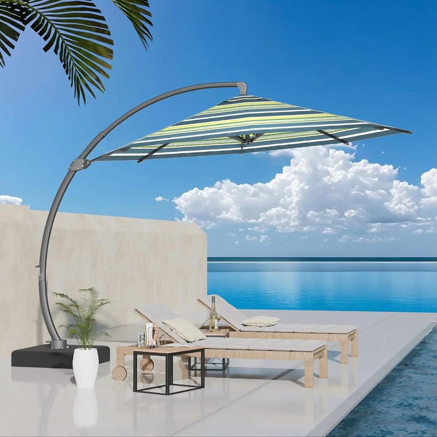 11ft round Aluminum Patio Umbrella with Base - Offset Cantilever Design 360° Rotating Customizable Large Outdoor Shade Umbrella