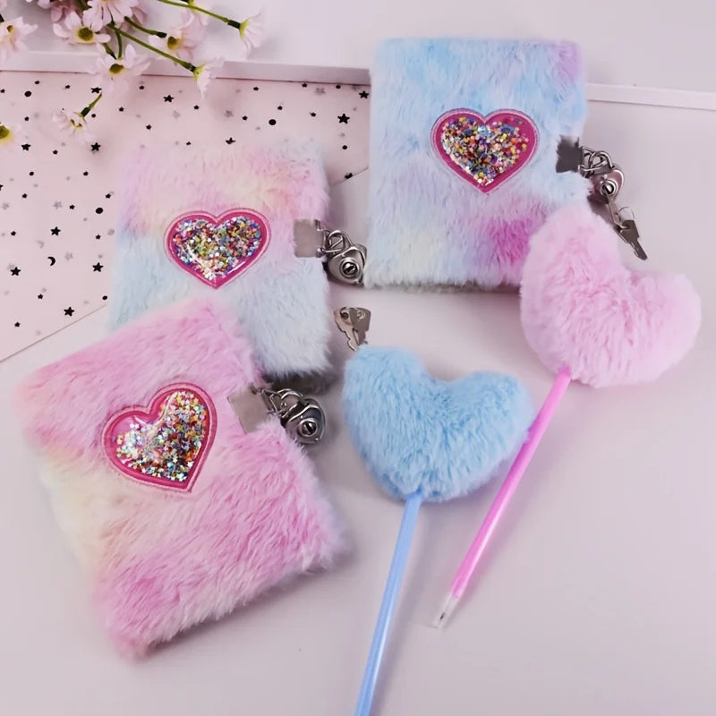 2 Pcs Heart-Shaped Notebook Set, Plush Diary And Plush Heart Pen, Suitable For School, Office, Holiday Gifts And Daily Notes