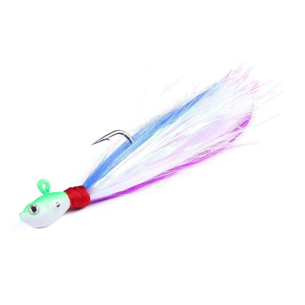 6PCS Bucktail Jigs Head Hook 3D Eyes Bait 7g 10g 21g 42g Deer Hair Feather Hook Beard Jigging Lure Fishing