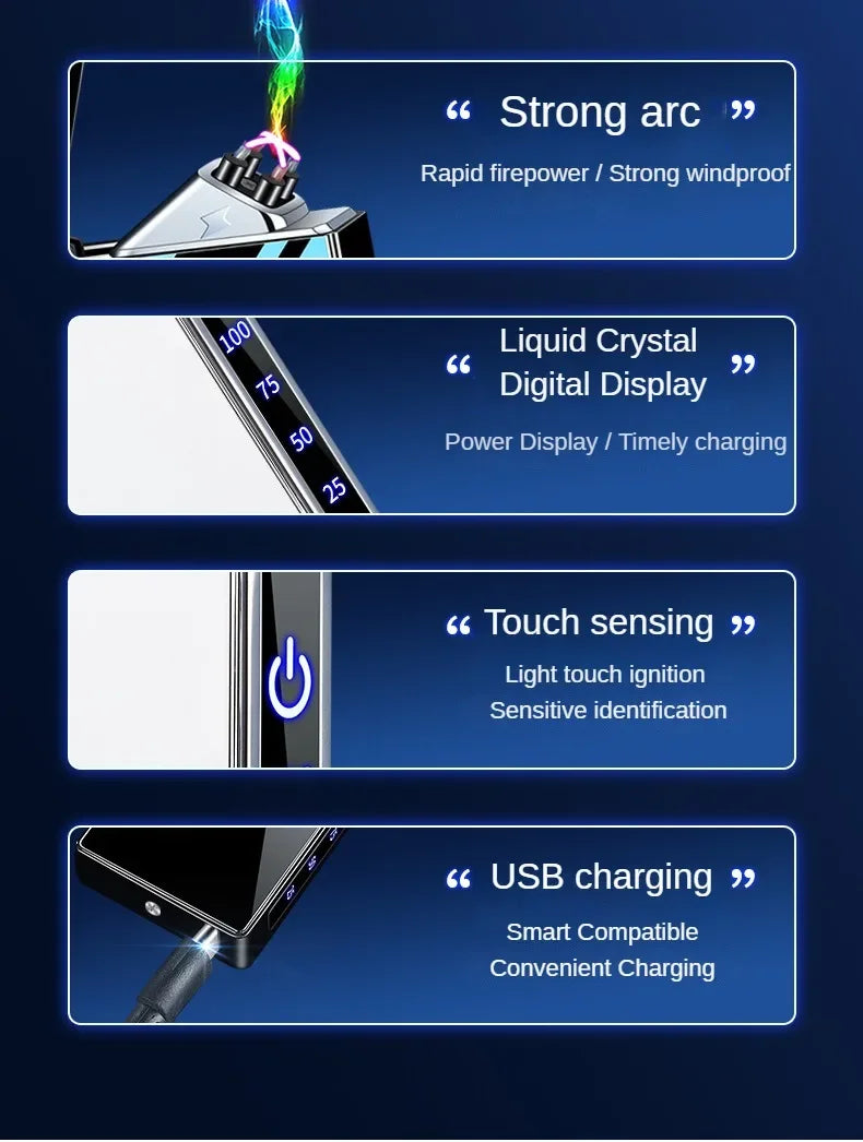 Windproof Electric Arc Metal Smoking Lighter Plasma Flameless Rechargeable USB Cigarette Lighter LED Digital Touch Lighters Gift