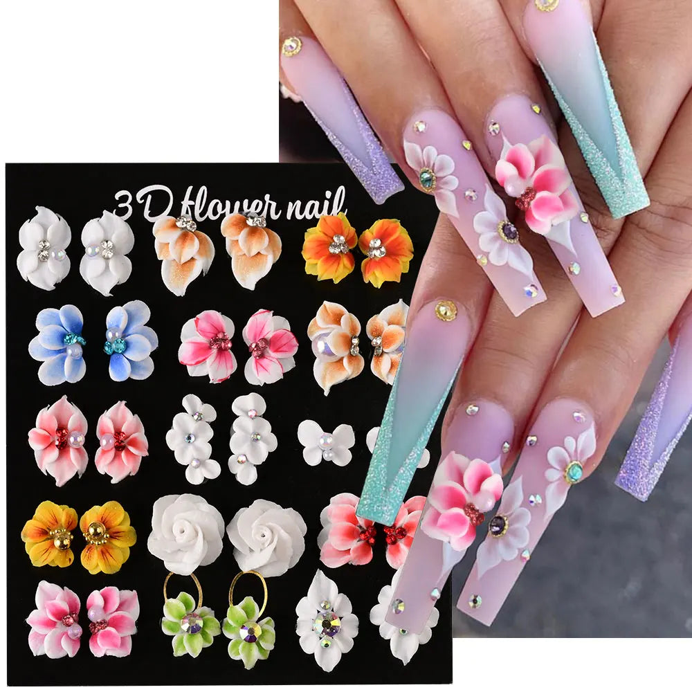 5/30Pcs 3D Handmade Nail Acrylic Flower Rhinestone Side Floret with Pearl Diamond Nail Art Decorations Carving Flower Nail Charm
