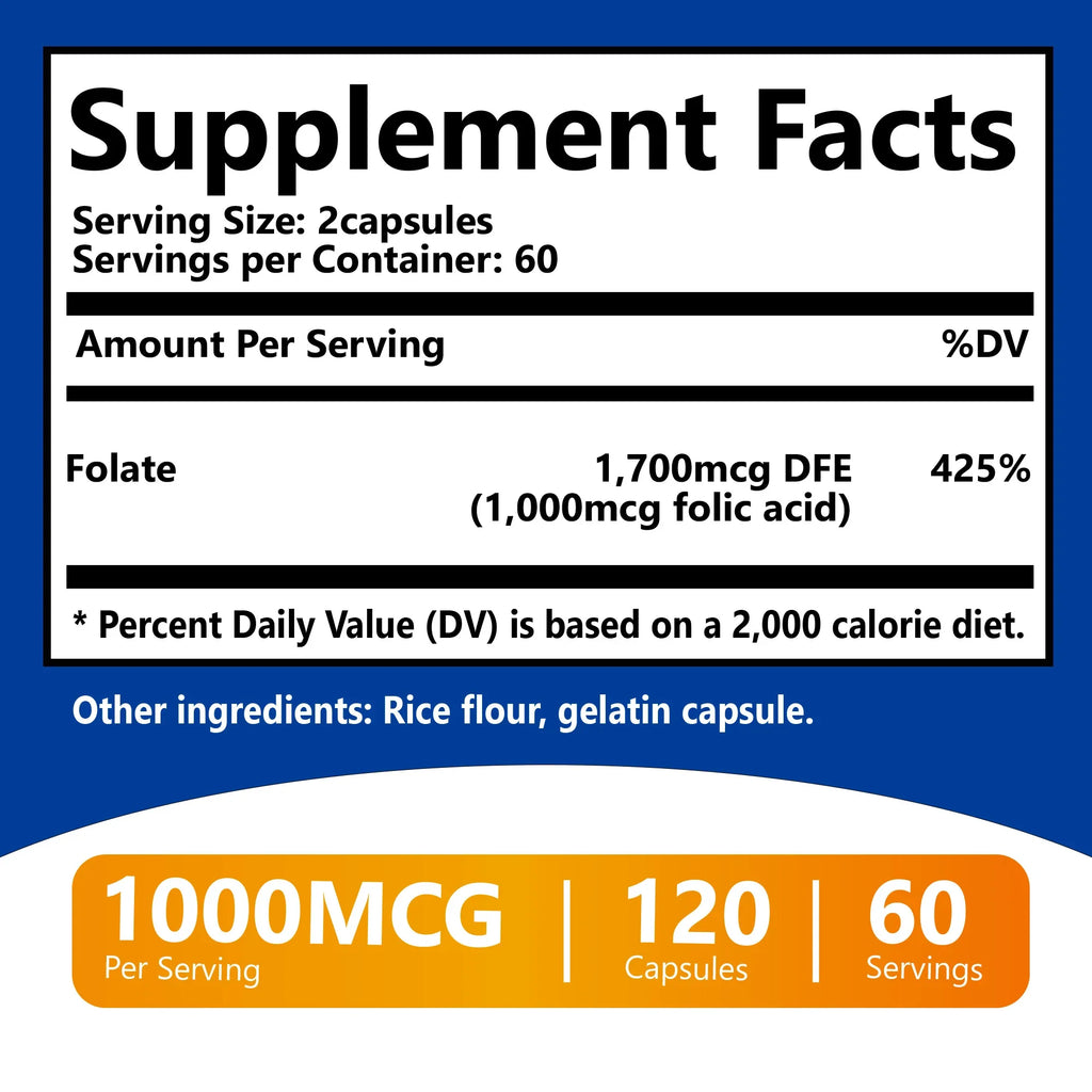 Folic Acid - Brain and Digestive Function, Liver Support, and Healthy Nervous System - 120 Capsules