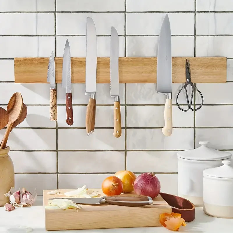 Creative Acacia Wood Magnetic Knife Rack for Kitchen Knives - Wall-Mounted Knife Bar with Powerful Magnets
