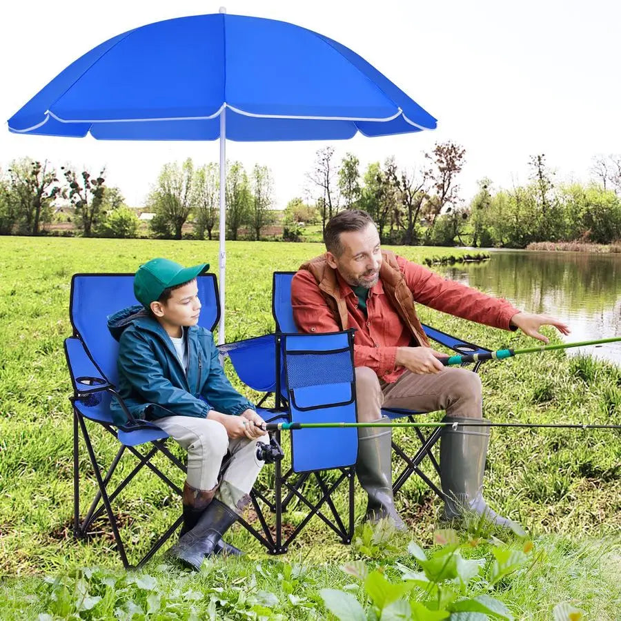 Double Portable Picnic Chairs, Folding Camping Chairs w Detachable Umbrella, Cooler Bag, Cup Holders, Patio Beach Camping Chair