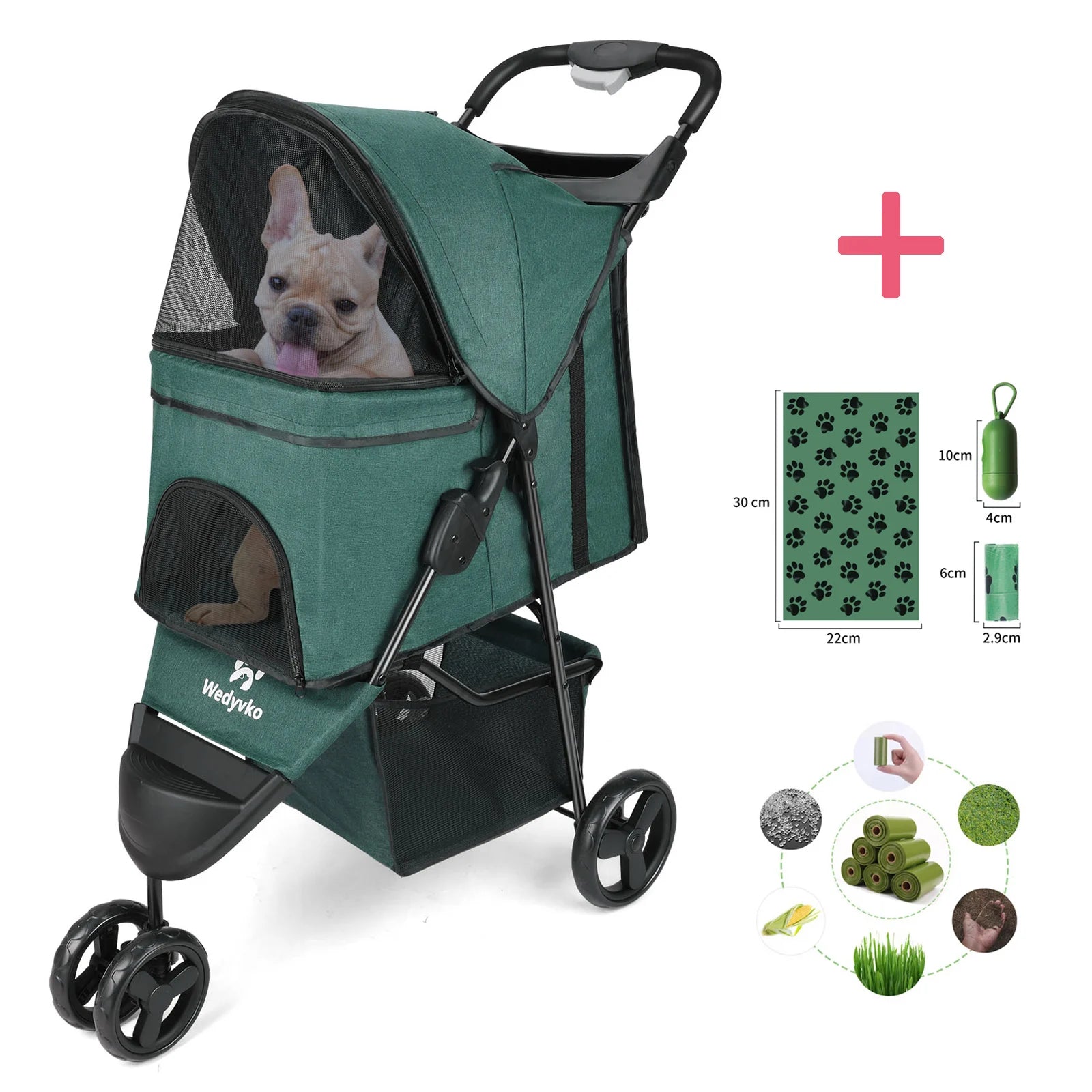 carreola para mascotas perro 3 Wheel Foldable Cat Dog Stroller with Storage Basket, Handle 360° Pet Dog Stroller