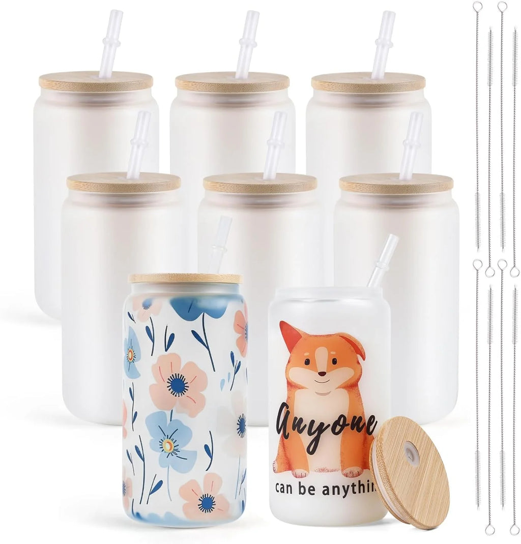 HTVRONT 8-24 Pack Frosted Sublimation Glass With Bamboo Lid Cups With Straws 16OZ Tumbler for Beer, Juice, Soda, Iced Coffee