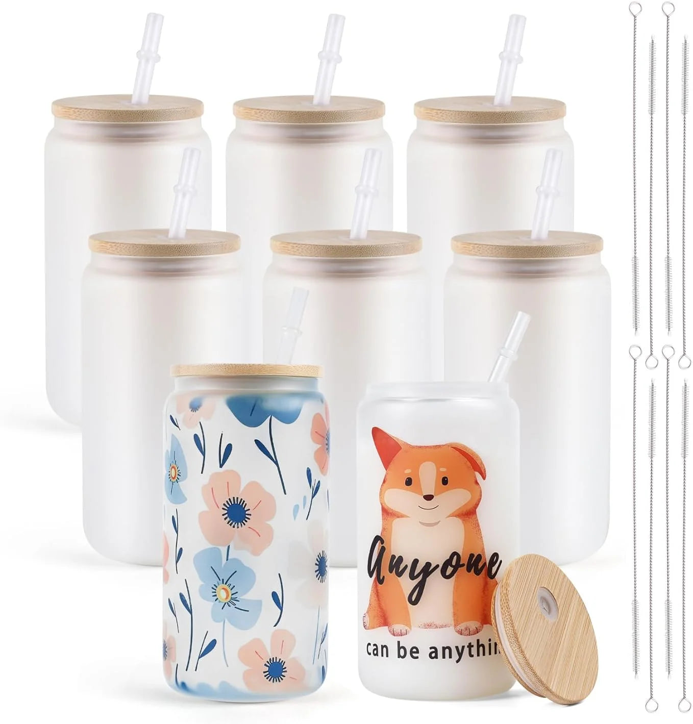 HTVRONT 8-24 Pack Frosted Sublimation Glass With Bamboo Lid Cups With Straws 16OZ Tumbler for Beer, Juice, Soda, Iced Coffee