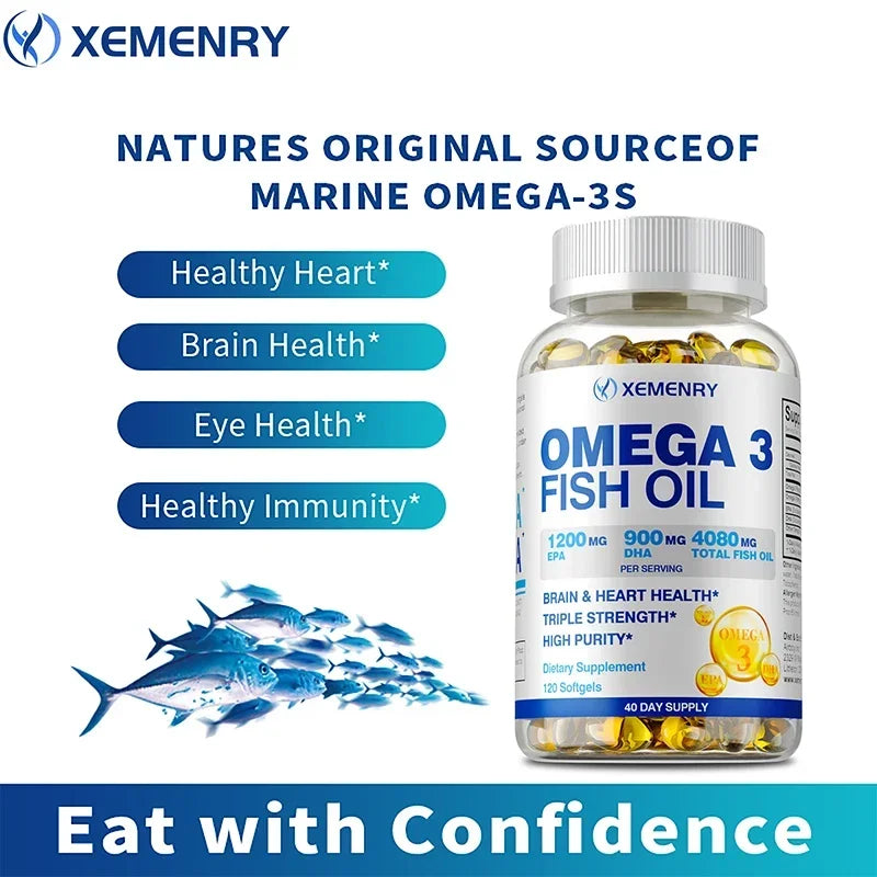 Omega-3 Fish Oil - Supports Brain Health, Cardiovascular and Skin Health, Antioxidant and Anti-inflammatory - 120 Capsules