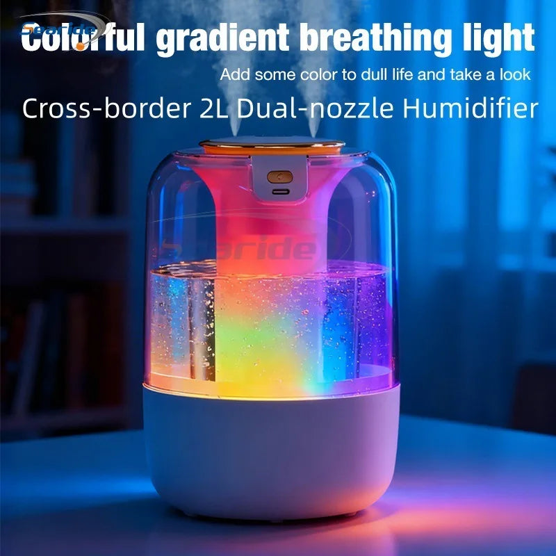 2200ML Air Humidifier USB Double Spray Port Mist Spray Heavy Fog Aroma Diffuser Essential Oils Color Light for Home Bedroom Gift