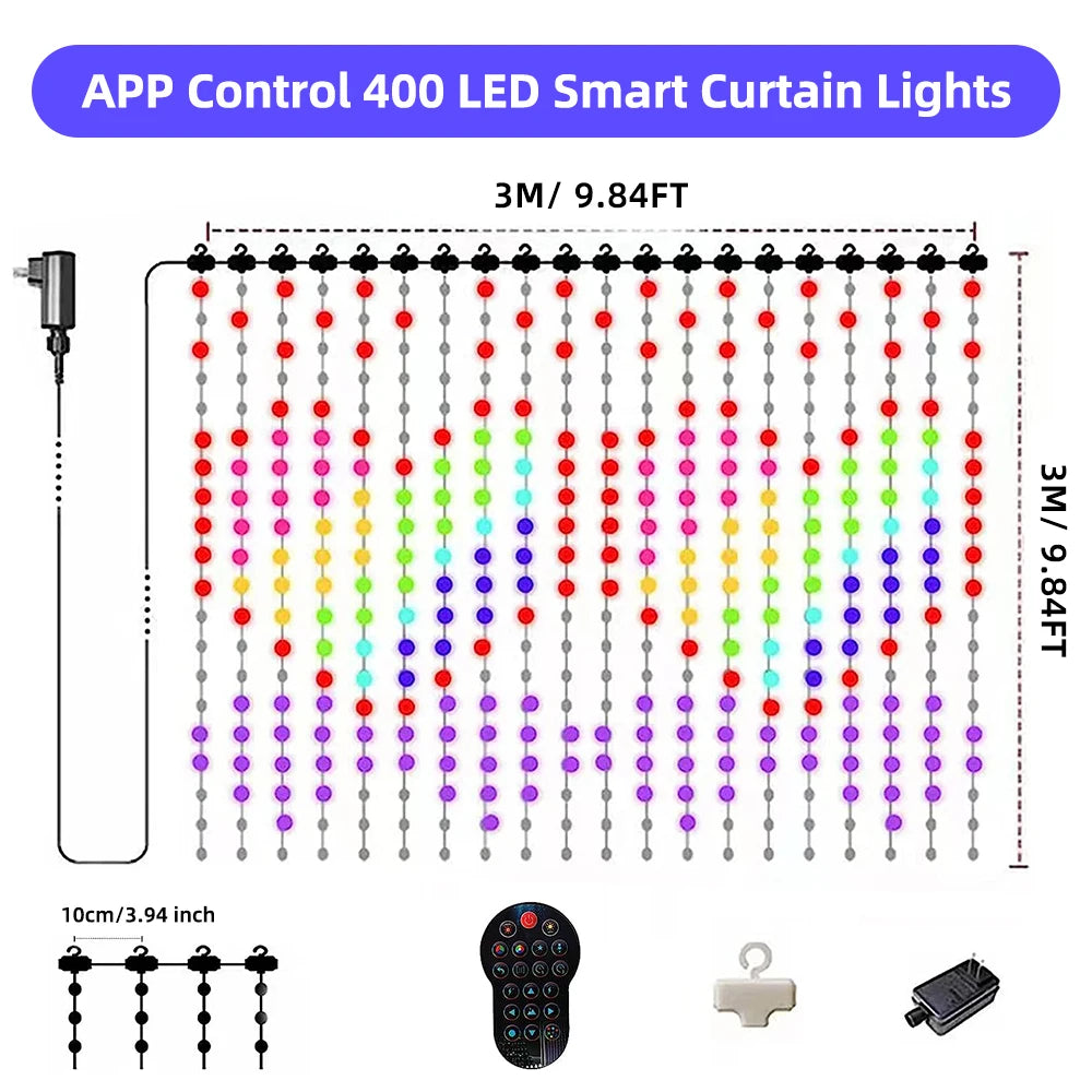 Smart Curtain Lights, 9.8 X 9.8Ft LED Curtain Lights, 400LEDs RGB Color Changing APP Programmable DIY Music-Sync String Lights F - Firu Total Sales