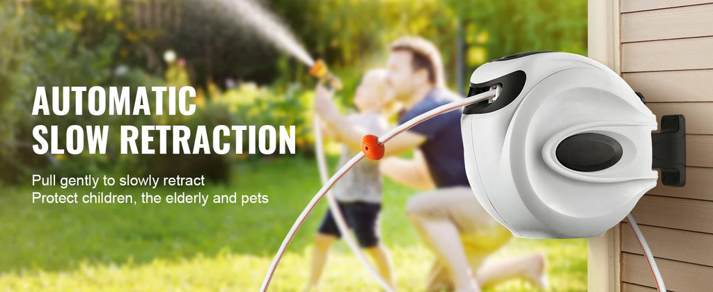 SucceBuy Retractable Hose Reel 180° Swivel Bracket Wall-Mounted Garden Water Hose Reel with 9-Pattern Nozzle Automatic Rewind