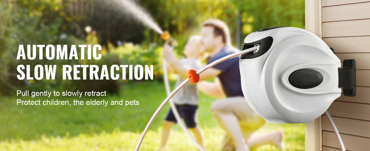 SucceBuy Retractable Hose Reel 180° Swivel Bracket Wall-Mounted Garden Water Hose Reel with 9-Pattern Nozzle Automatic Rewind