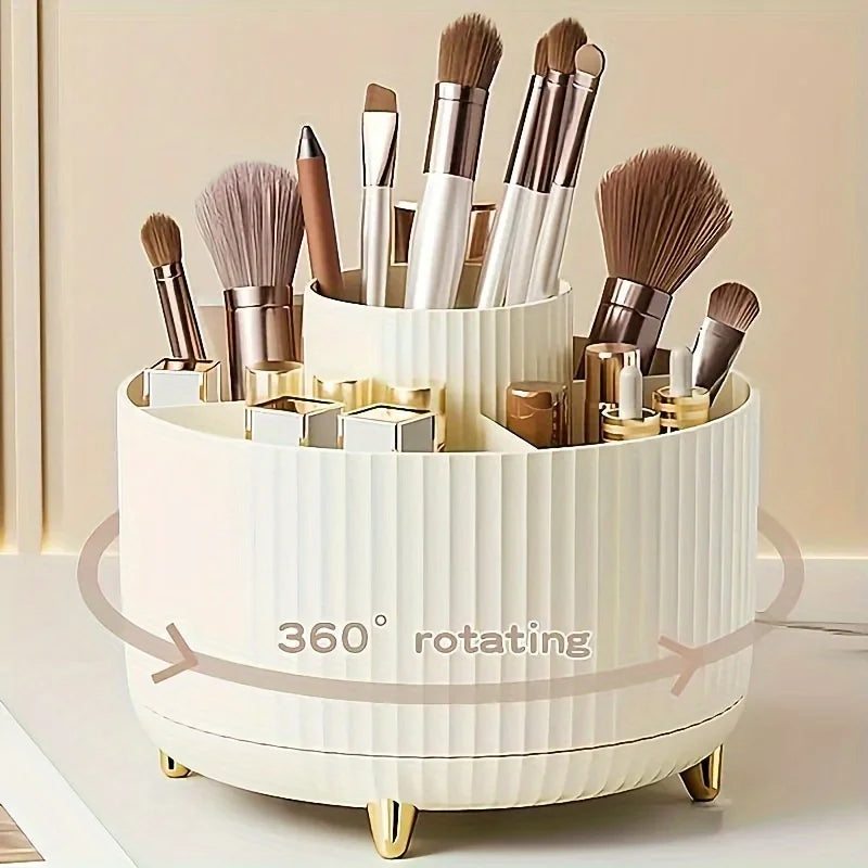 360° Rotating Makeup Organizer | 5 Compartments | Brushes, Lipstick & Cosmetic Holder