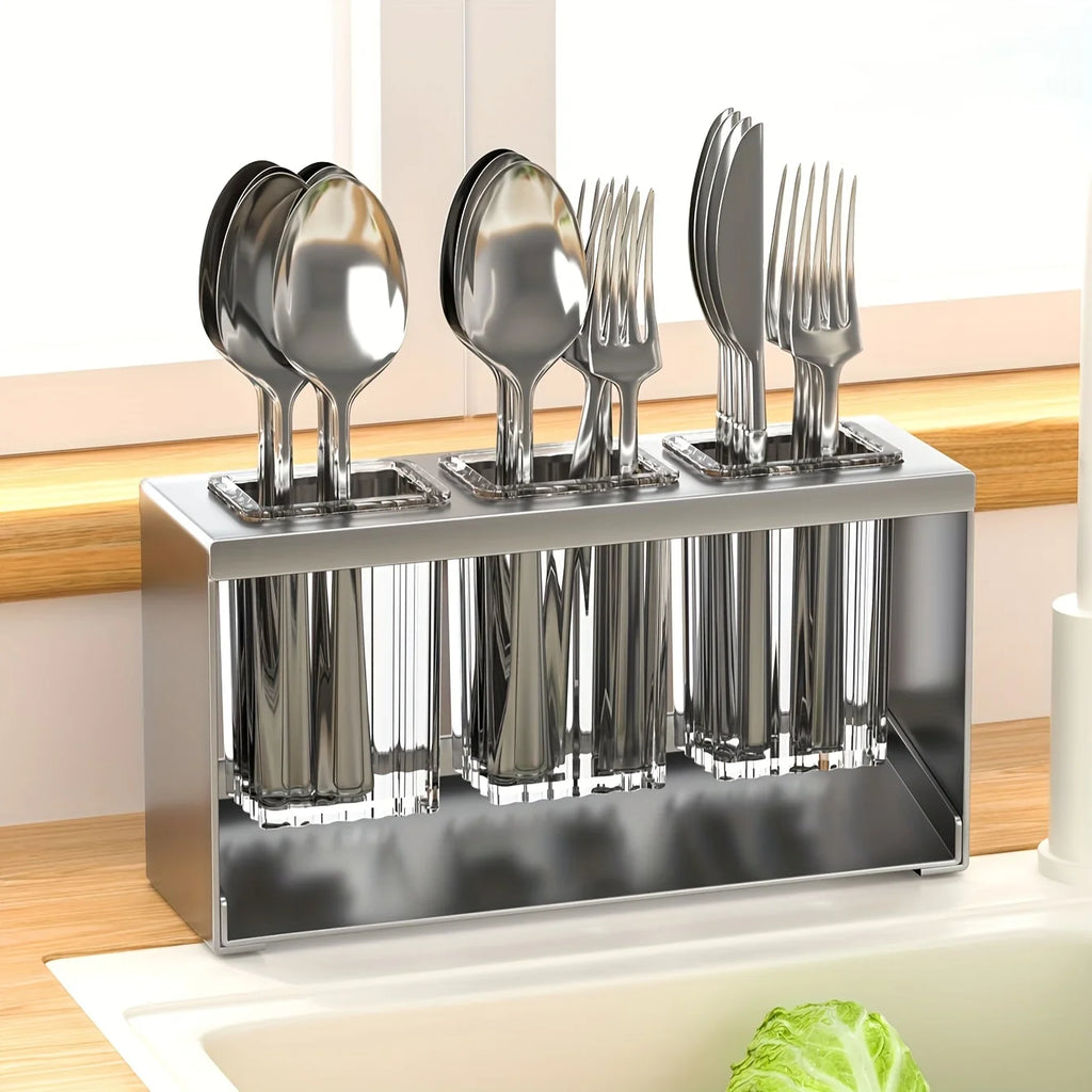 1pc Multifunctional Drain Rack with Built-in Storage Box for Kitchen Utensils Forks Spoons Knives