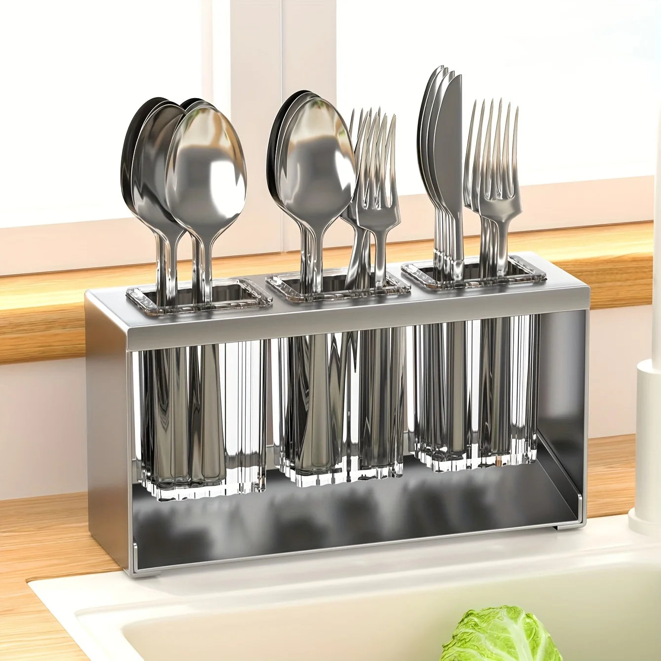 1pc Multifunctional Drain Rack with Built-in Storage Box for Kitchen Utensils Forks Spoons Knives