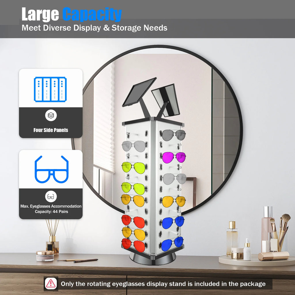 44 Pairs Rotating Eyeglasses Display Stand with 2 Mirrors 86cm Large Capacity Freestanding Sunglass Holder for Shops