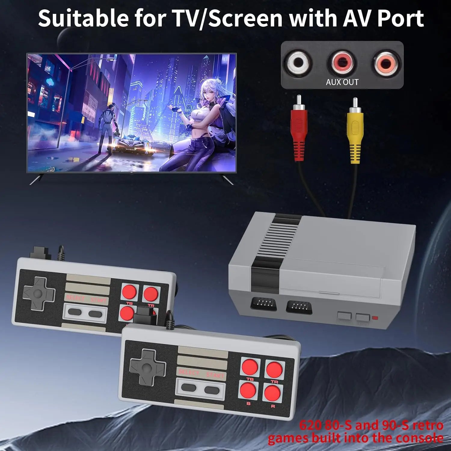 Retro Game Console, AV Classic Video Game System, Built-in 620 Games Dual-Player Mode Console with 2 Controllers, Holiday Gift