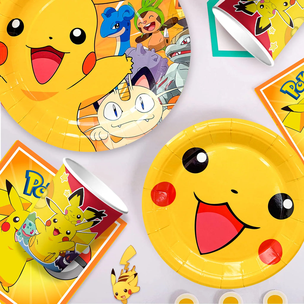 Pokemon Party Tableware,114 Pcs Pokemon Birthday Party Decorations- Pikachu Tablecloth Banner Plates etc Pokemon Party Supplies