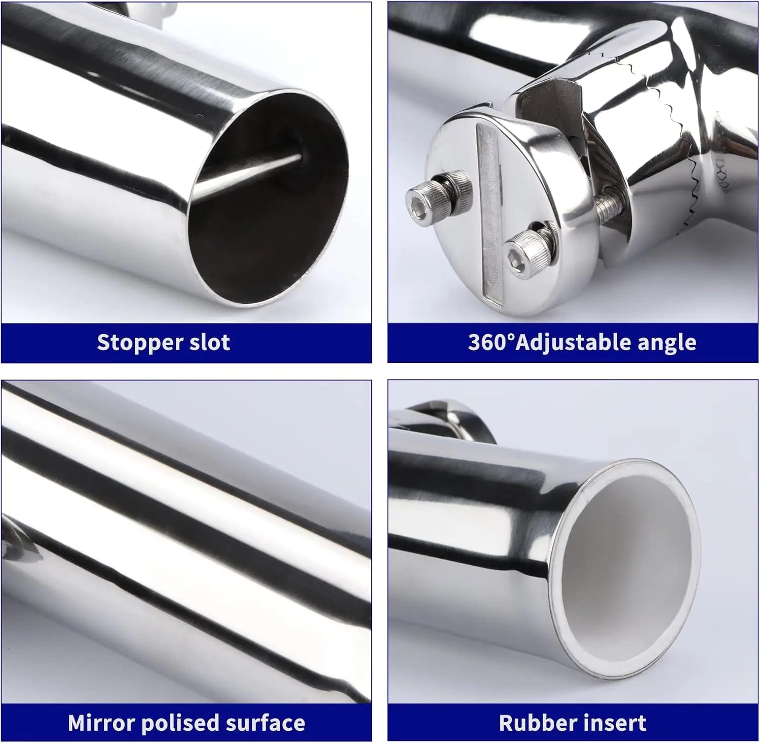 2PCS Adjustable Fishing Rod Holders, 316 Stainless Steel Clamp for 7/8" to 1" Rail, Tournament Style