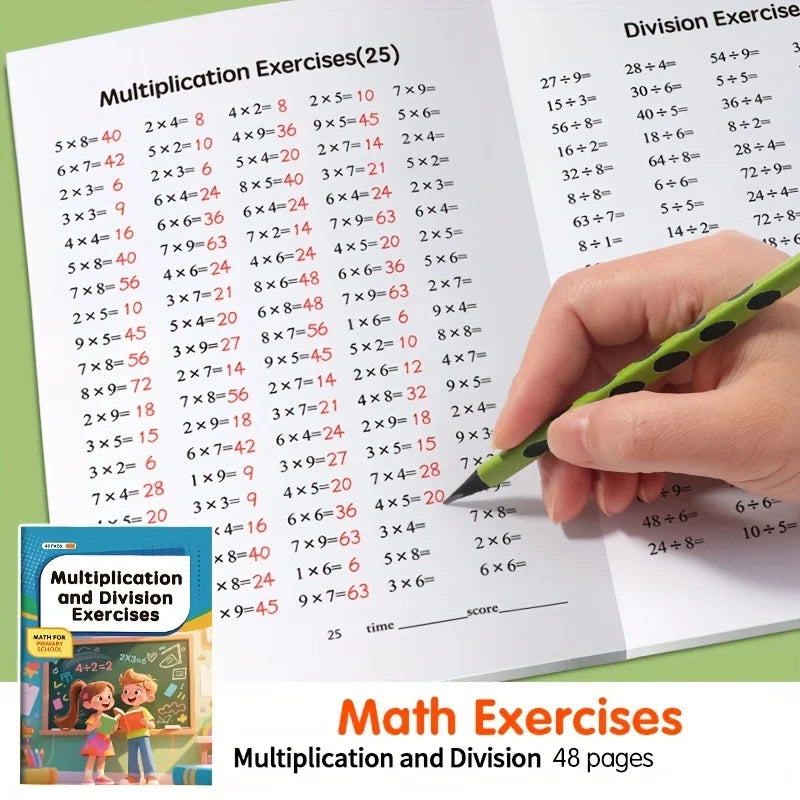 48-Page Multiplication and Division Practice Book for Children Aged 3 and Above - Durable Paper Arithmetic Exercise Book with Handwriting Practice, Perfect for School Supplies, Math Learning Tools, and Christmas Gifts, Multip