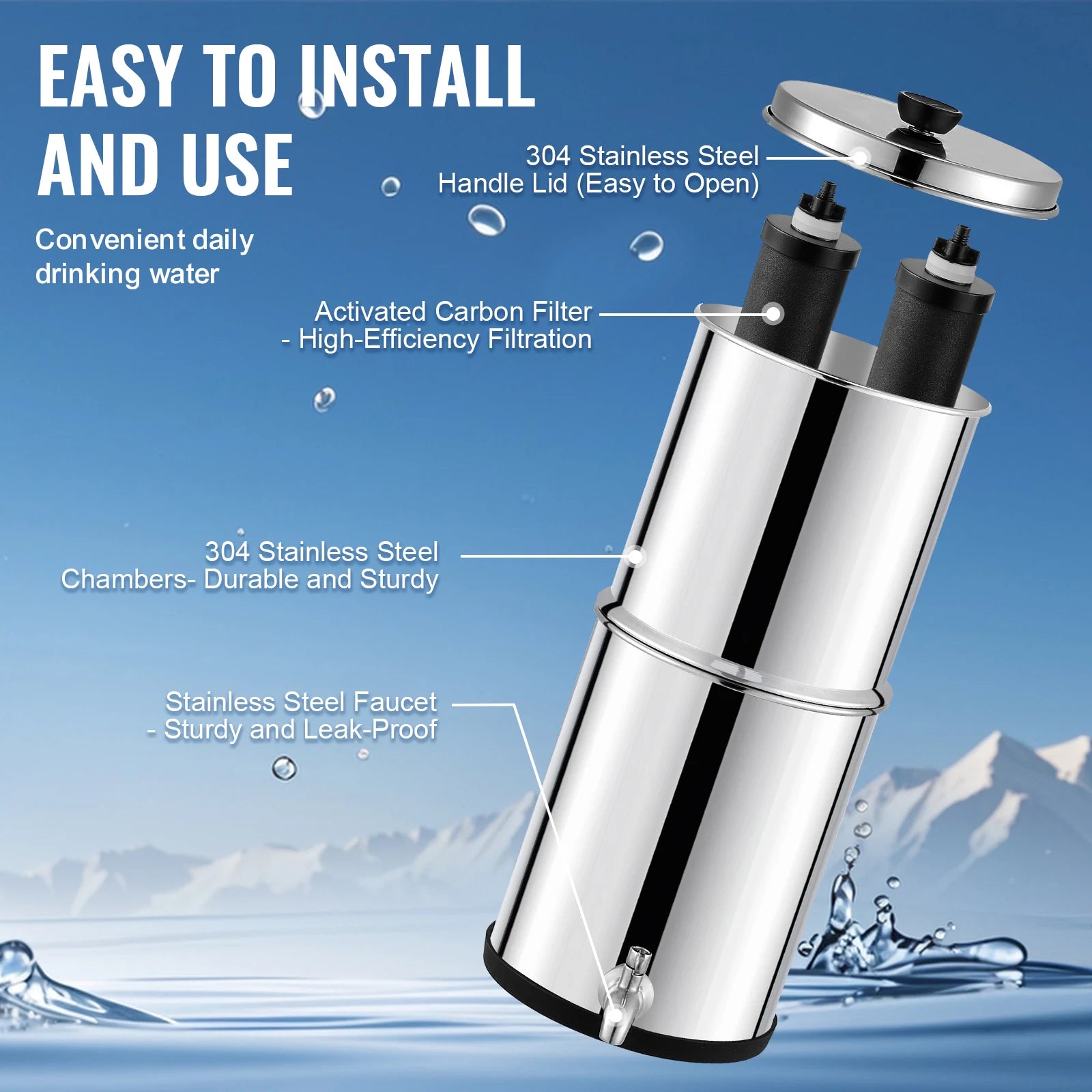 SucceBuy 1.5G 2.25G Gravity-fed Water Filter System 304 Stainless-Steel Water Filtration System Countertop with 2 Carbon Filters
