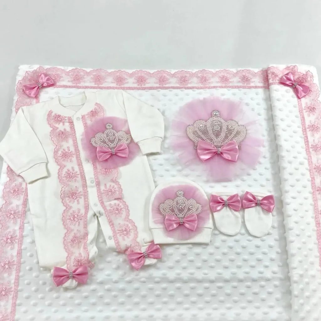 5pcs Newborn Baby Embroidery Lace Romper Outfit Clothing Cotton Infant Wrapped Baby Products Pants Mittens Receiving Blanket