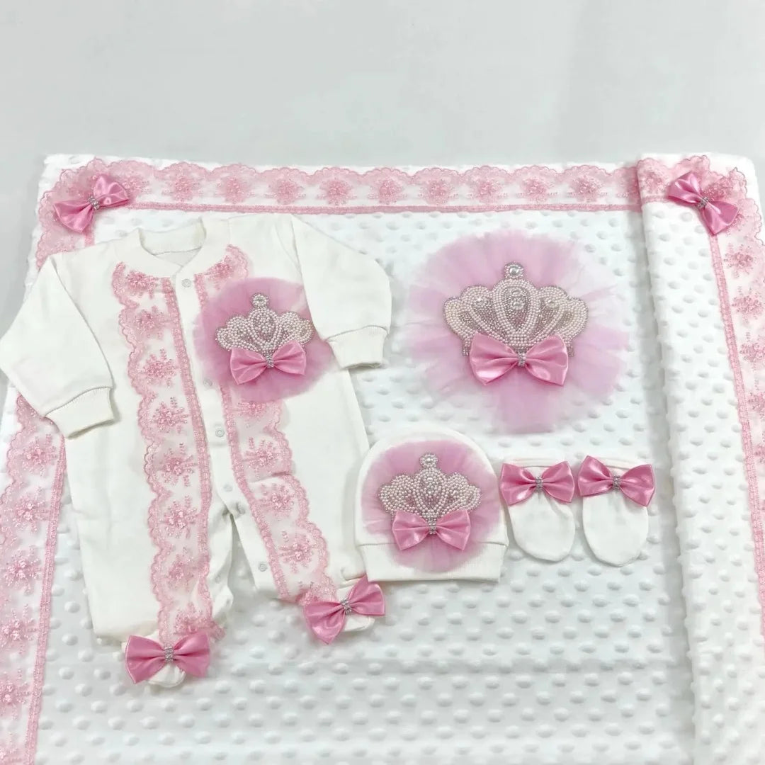 Customized Name Newborn Baby Boss Embroidery Lace Romper Outfit Infant Wrapped Baby Products Pants Mittens Receiving Blanket