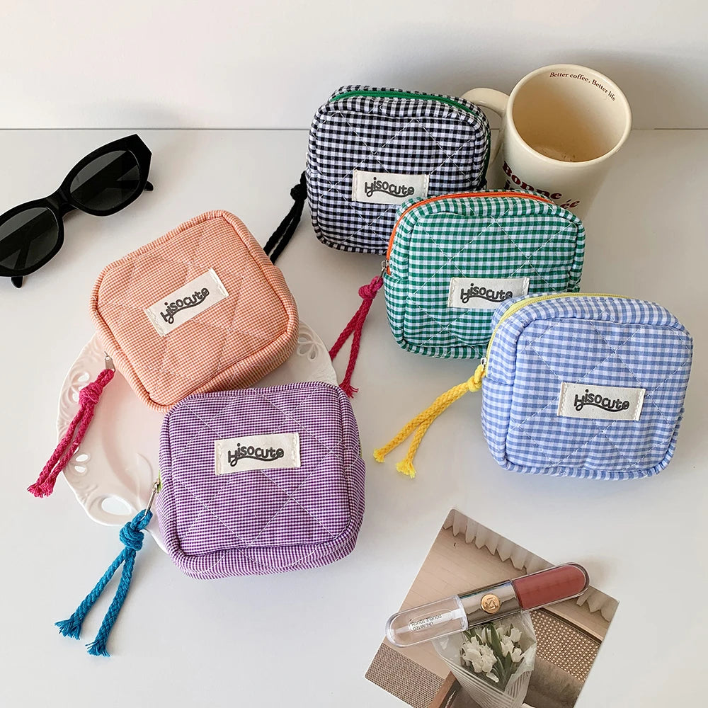 Ins Style Plaid Mini Coin Purse Portable Cosmetic Storage Bag Lady's Lipstick Bag and Card Holder Kawaii Tofu Pillow Bag