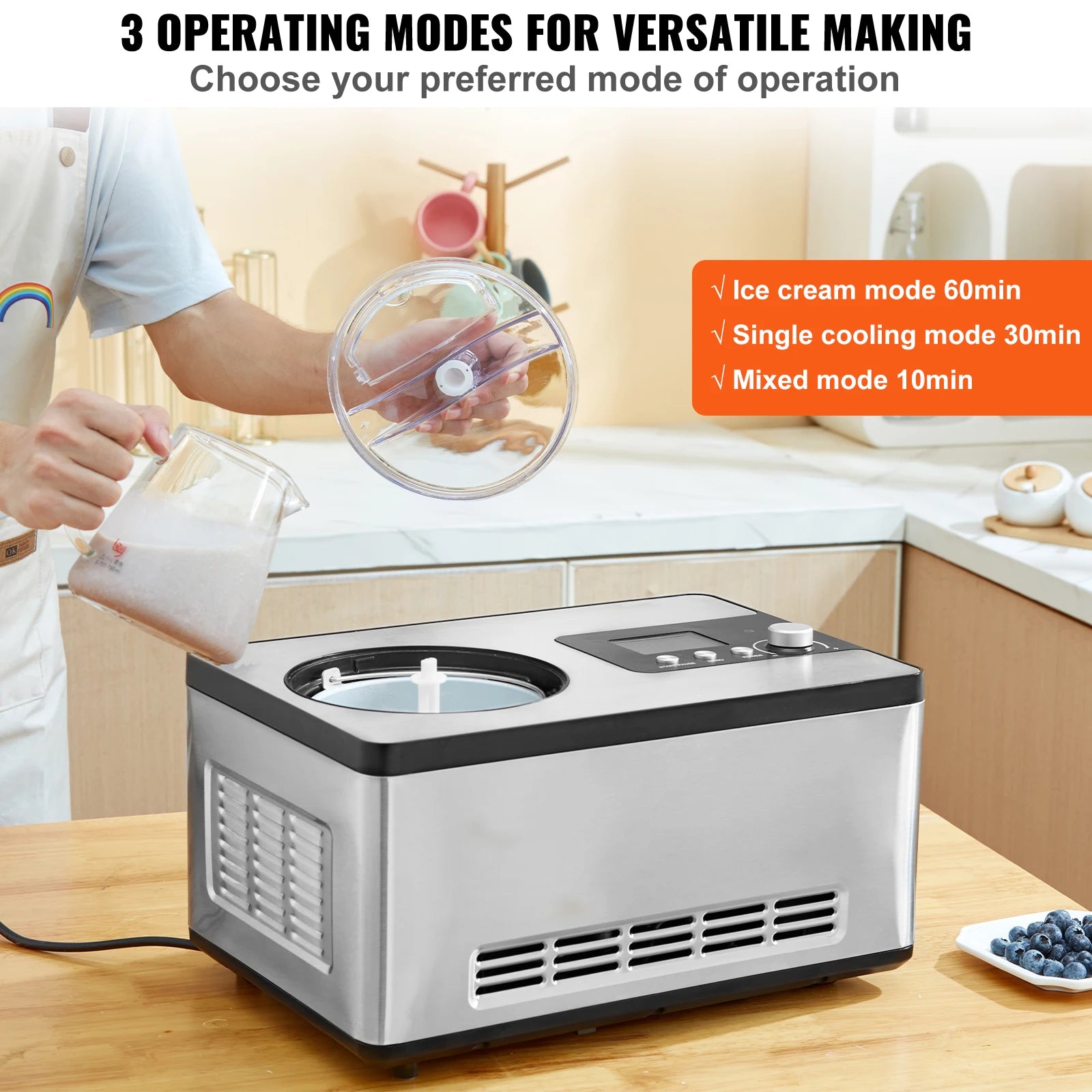 SucceBuy Máquina de Helados Eléctrica 2Qt | Compresor Integrado | Sin Pre-congelar | Yogur y Sorbete