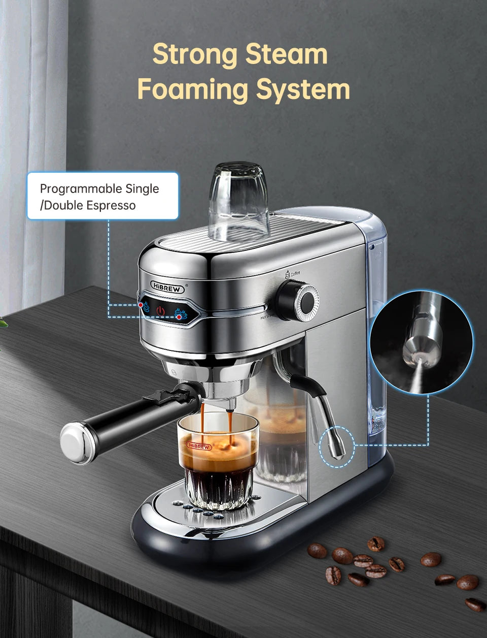 HiBREW H11 Cafetera Espresso 20 Bar | Inox | Semi Automática | ESE POD y Polvo | Cappuccino | Agua Caliente - Firu Total Sales