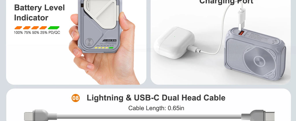 PD 22.5W Fast Charging 10000mAh Magnetic Wireless Power Bank USB Type-C Detachable Data Cable Phone Holder Emergency PowerBank