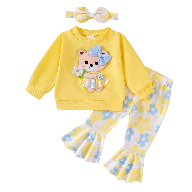 Cute Toddler Girl Autumn Ensemble Bear Embroidered Sweatshirt Floral Flare Pants Headband - 3 Piece Set for Fall - Firu Total Sales