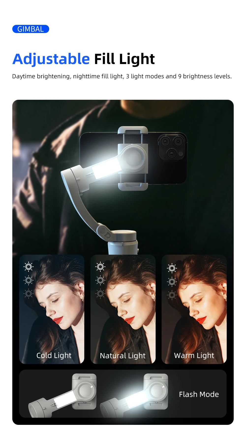 M01 3-Axis Smart Gimbal Handheld Stabilizer Selfie Tripod with Fill Light for Smartphone Anti Shake Foldable for Xiaomi iPhone - Firu Total Sales