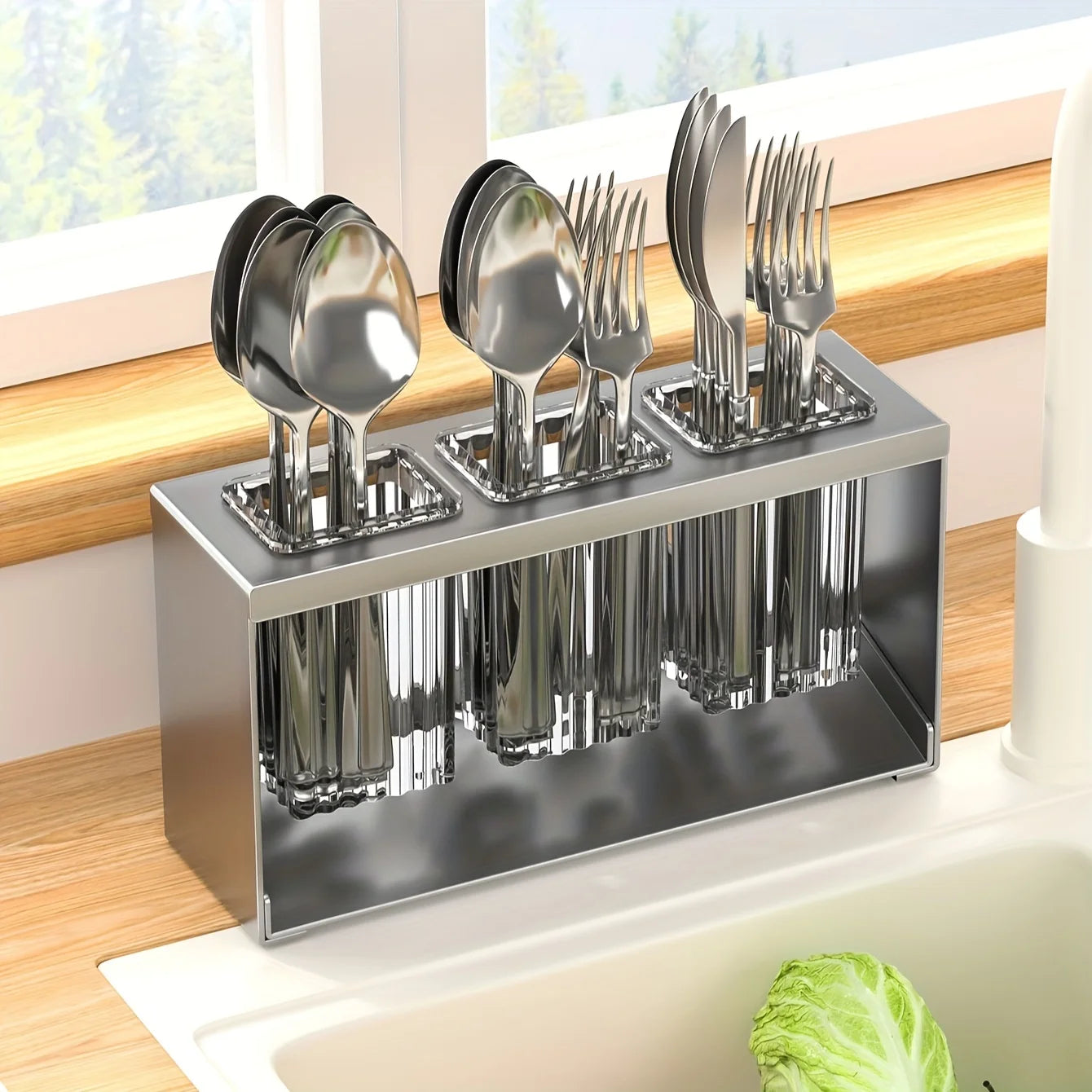 1pc Multifunctional Drain Rack with Built-in Storage Box for Kitchen Utensils Forks Spoons Knives
