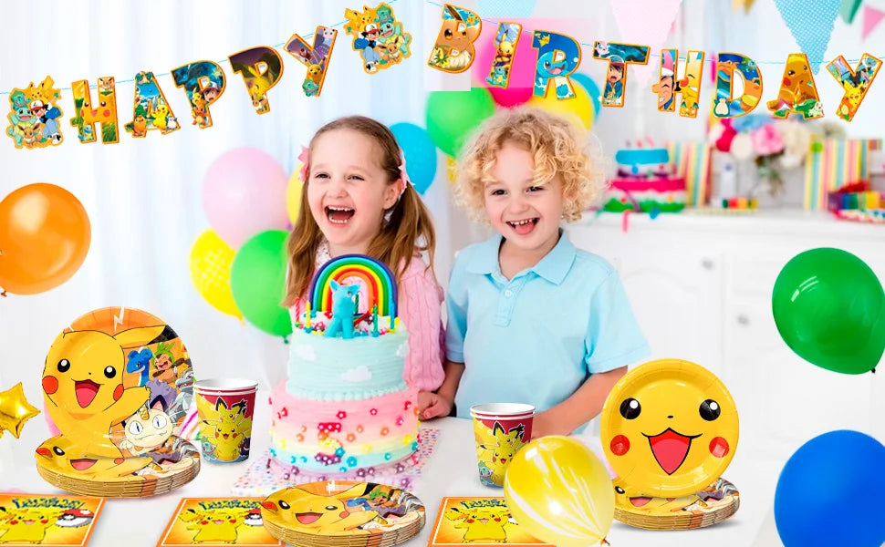 Pokemon Party Tableware,114 Pcs Pokemon Birthday Party Decorations- Pikachu Tablecloth Banner Plates etc Pokemon Party Supplies
