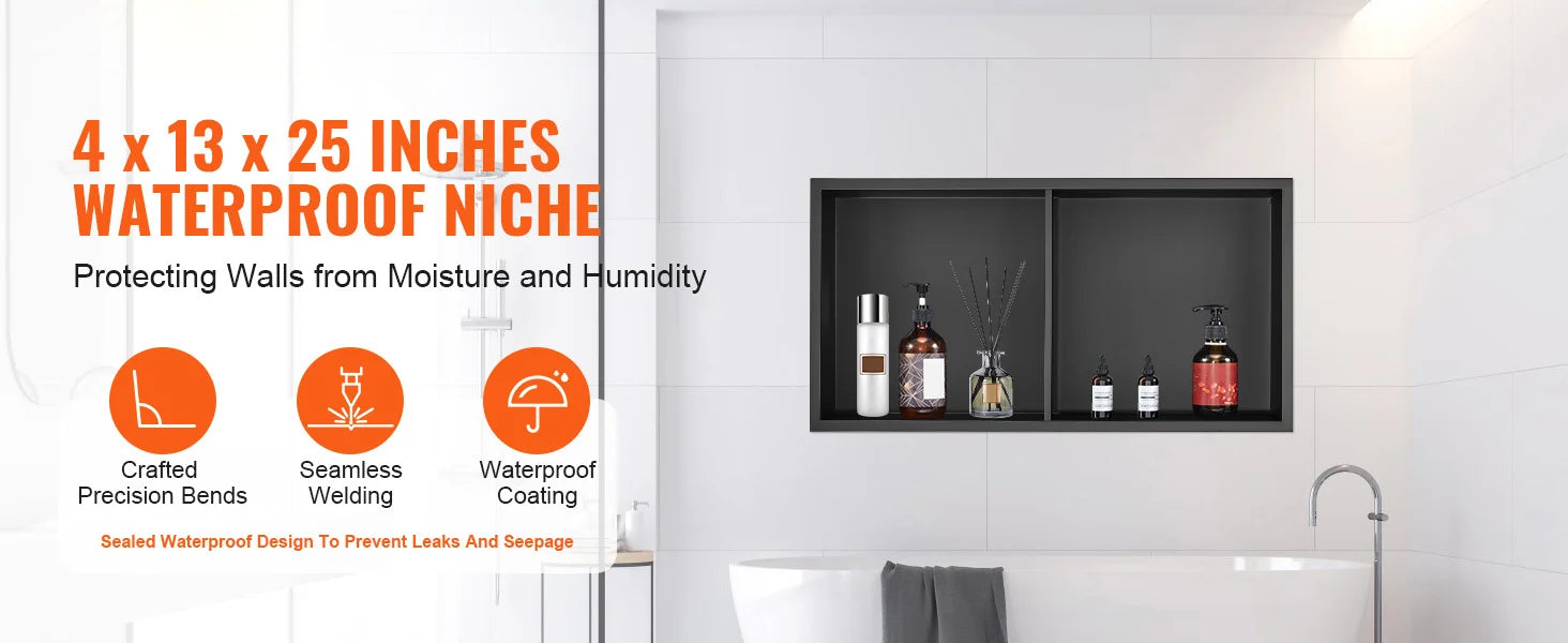 SucceBuy No Tile Shower Niche 304 Stainless Steel Wall Inserted Niche Recessed Double Shelves for Shower  Soap Storage Bathroom