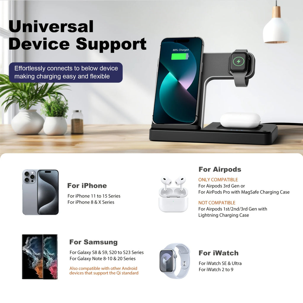 3-in-1 Magnetic Wireless Charger Stand 15W | iPhone + Apple Watch + AirPods Dock