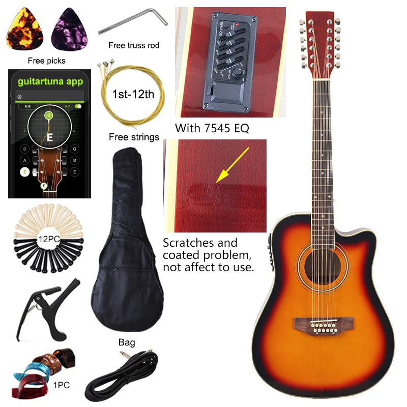 Guitarra Acústica de 12 Cuerdas 41" | Madera Spruce | Diseño Folk | Negro y Natural 🎸