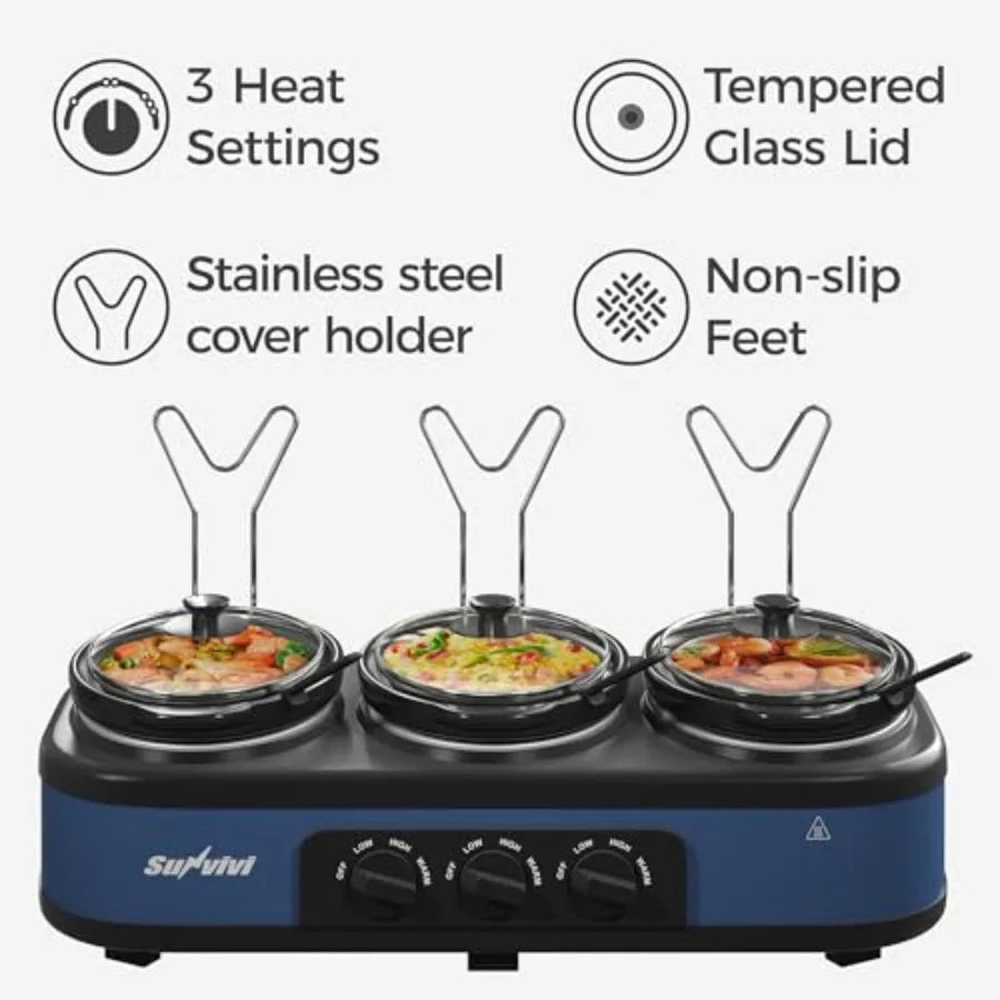 Triple Slow Cooker Buffet Server Warmer with 3 Removable Ceramic Pots 3 Adjustable Temp Settings 3 Metal Lid Rests Stainless St