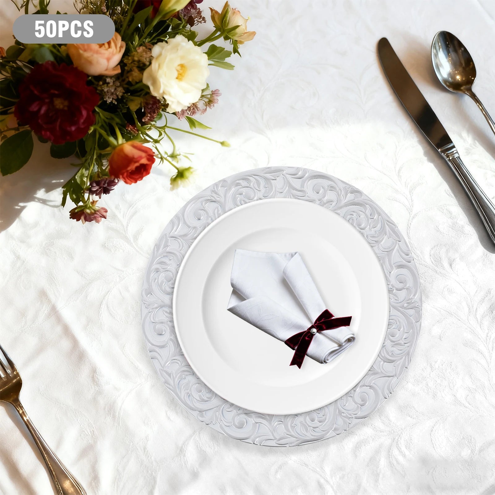 50Pcs Round Plastic Charger Plates 13In Decorative Service Plate With Patterned Reusable For Birthday Parties, Weddings