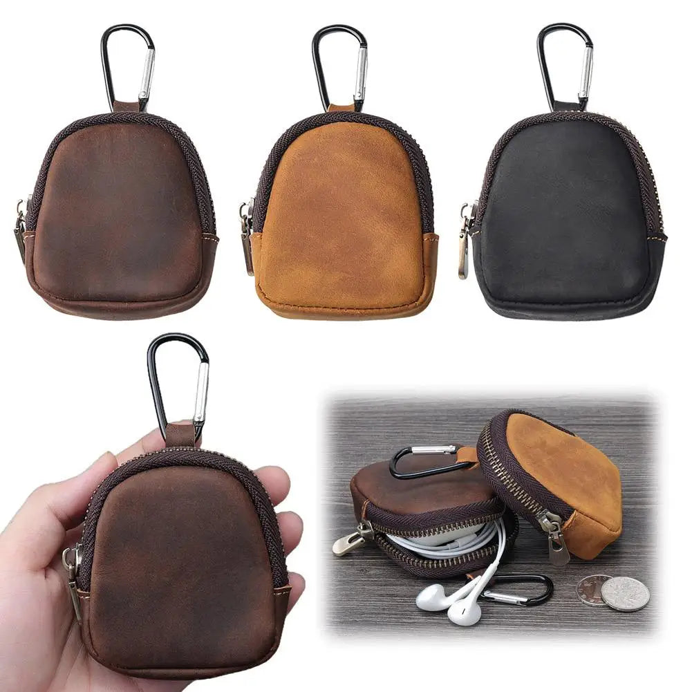 Stylish Retro PU Leather Change Purse Small Zipper Coin Pouch with Carabiner,Mini Keychain Coin Purse Wallet Charm for Women Men