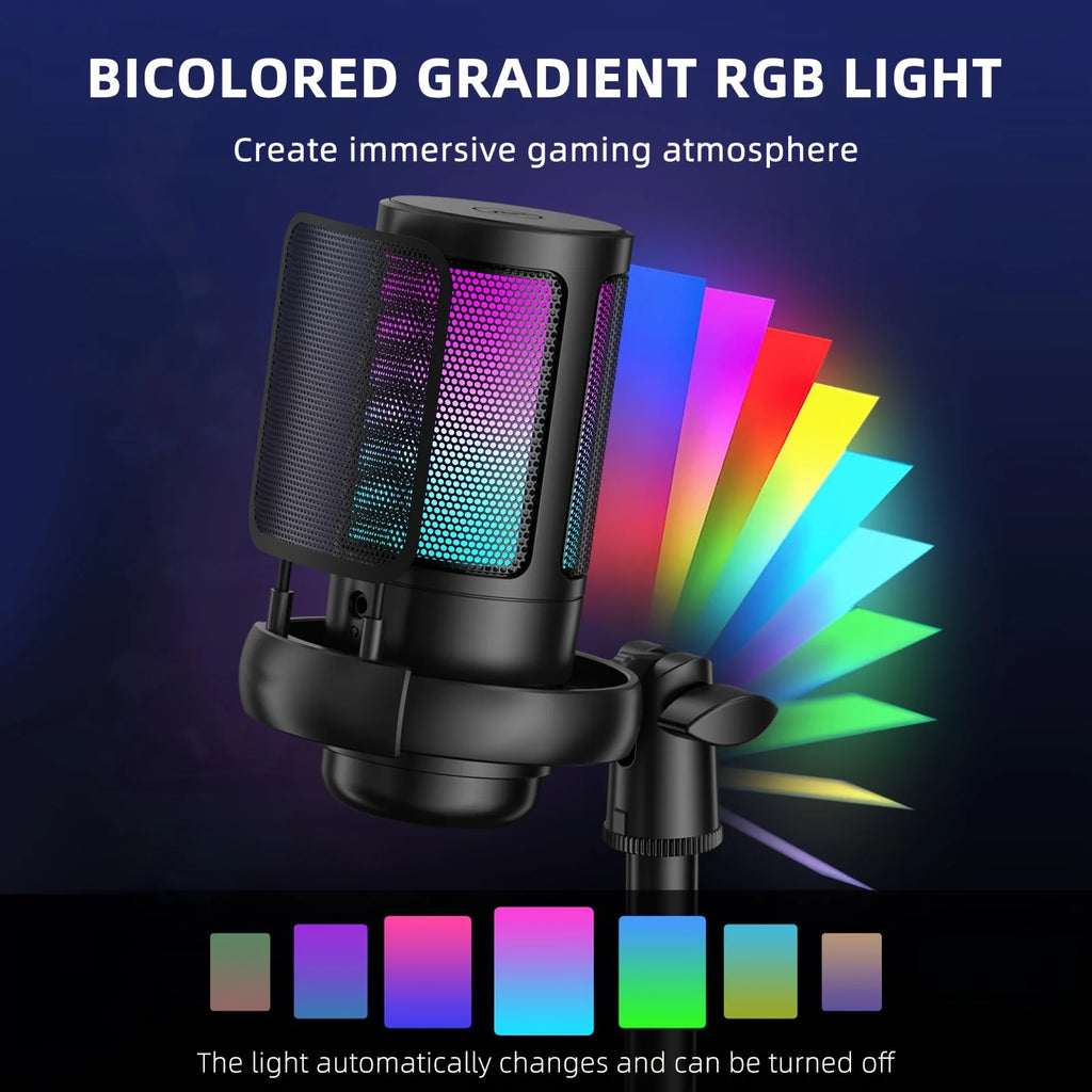 Microphone, USB PC Mic For Podcasts Videos, Streaming, Condenser Mic With Quick Mute, Tripod Stand, Pop Filter, RGB Indicator, S