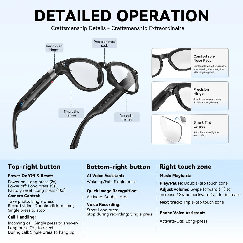 Gafas Inteligentes EIGIIS Q8 IA | Bluetooth | Cámara 4K | Traductor de Voz IA | Reducción Ruido | Impermeables - Firu Total Sales